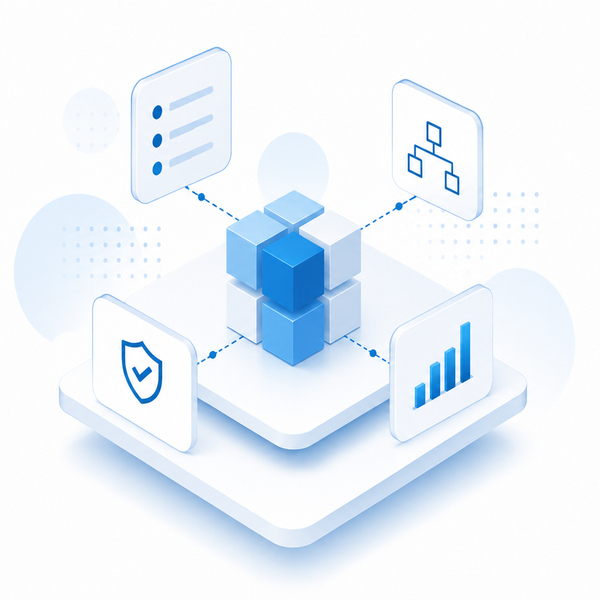 Isometric illustration of a unified data model connecting checklist, org chart, security and analytics